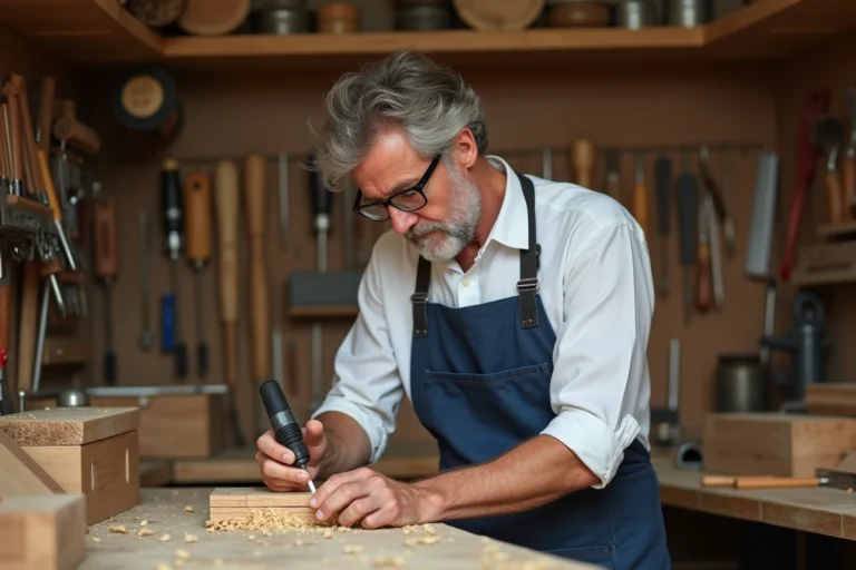 Maître artisan ébéniste inspectant un assemblage bois dans son atelier traditionnel