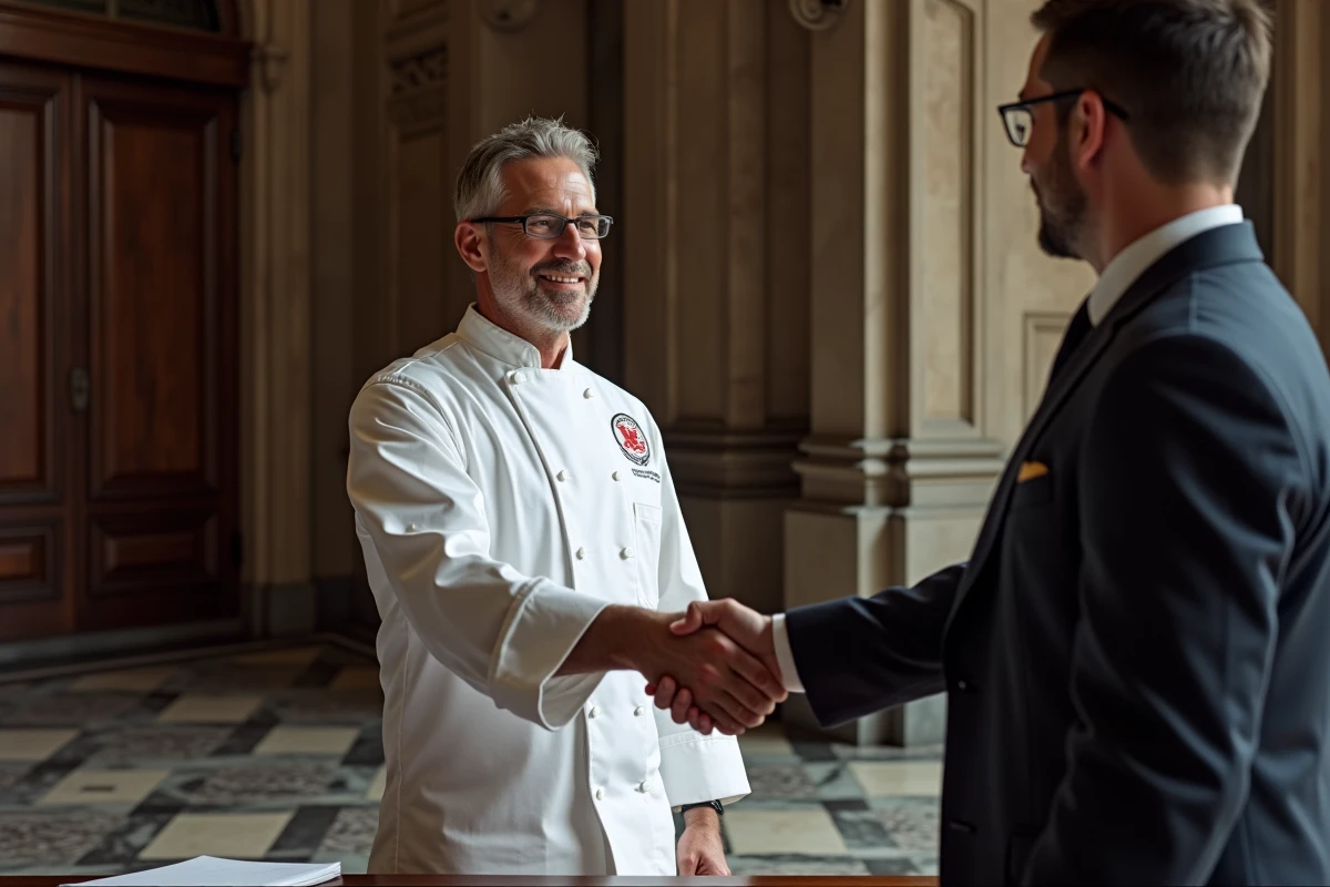 Maître artisan signant son enregistrement officiel à la chambre des métiers avec un représentant institutionnel