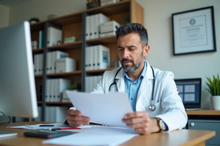 Médecin étranger en blouse blanche vérifiant son numéro Adeli sur des documents officiels dans un cabinet médical français