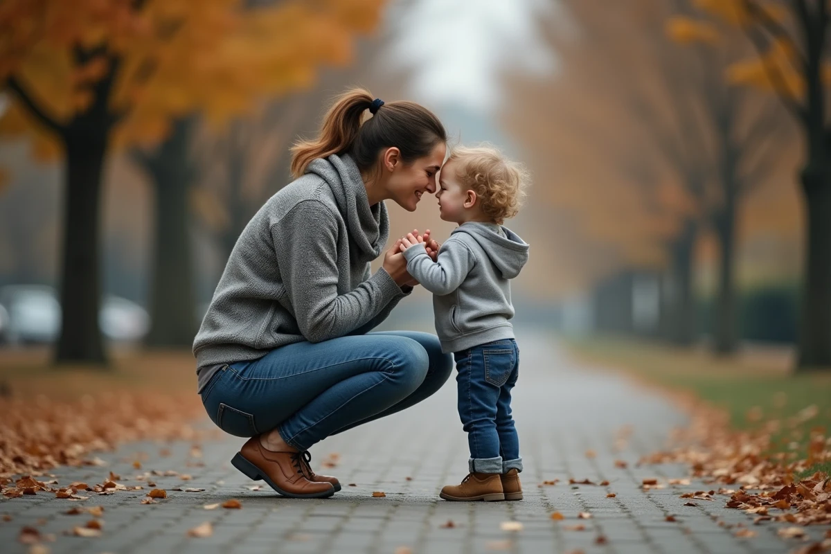 Une mère rassure son enfant dont le visage reste caché dans un parc en automne, évoquant la préservation de l'anonymat et de la vie privée des enfants