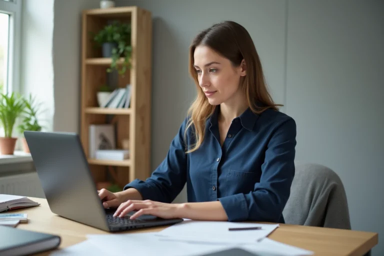 Femme indépendante travaillant sur ordinateur à domicile, représentant les métiers bien rémunérés à 20 euros de l'heure
