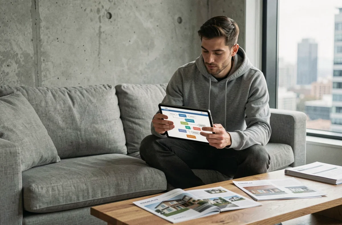 Homme consultant le sitemap d'un site immobilier sur tablette depuis son salon avec vue urbaine