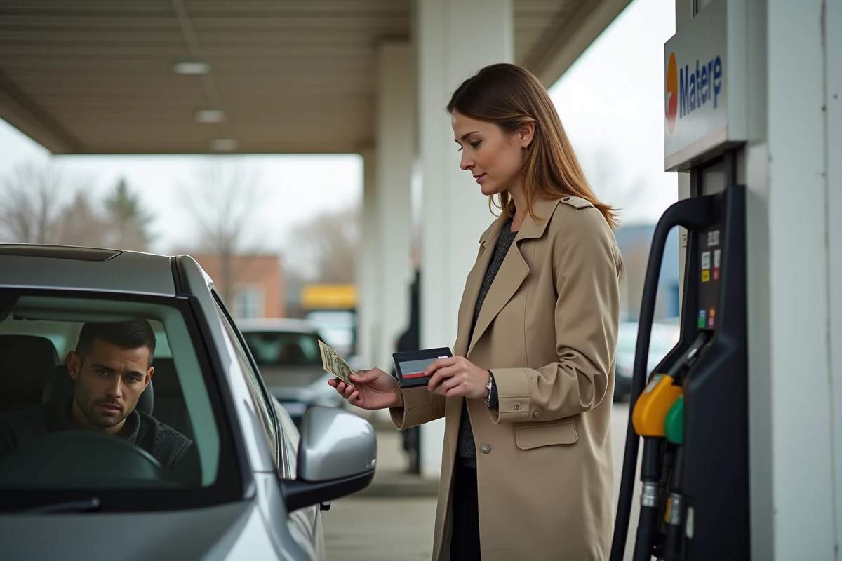 Femme payant l'essence à la pompe pendant qu'un passager prépare sa contribution en espèces