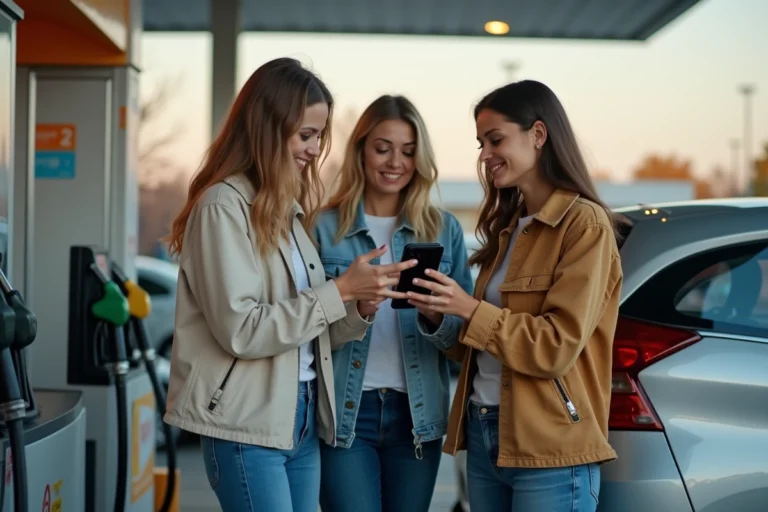 Trois passagers calculant le partage des frais d'essence avec une application mobile à la station-service