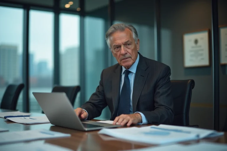 PDG d'une grande entreprise ferroviaire en costume dans une salle de réunion avec des rapports financiers, illustrant le débat sur les hauts salaires des dirigeants publics
