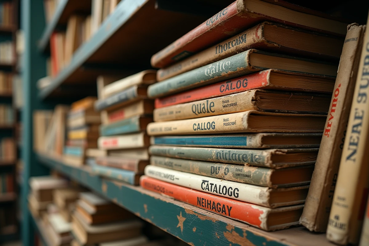 Pile de vieux catalogues Quelle vintage empilés dans une boutique de livres anciens, témoignant de l'histoire du commerce par correspondance