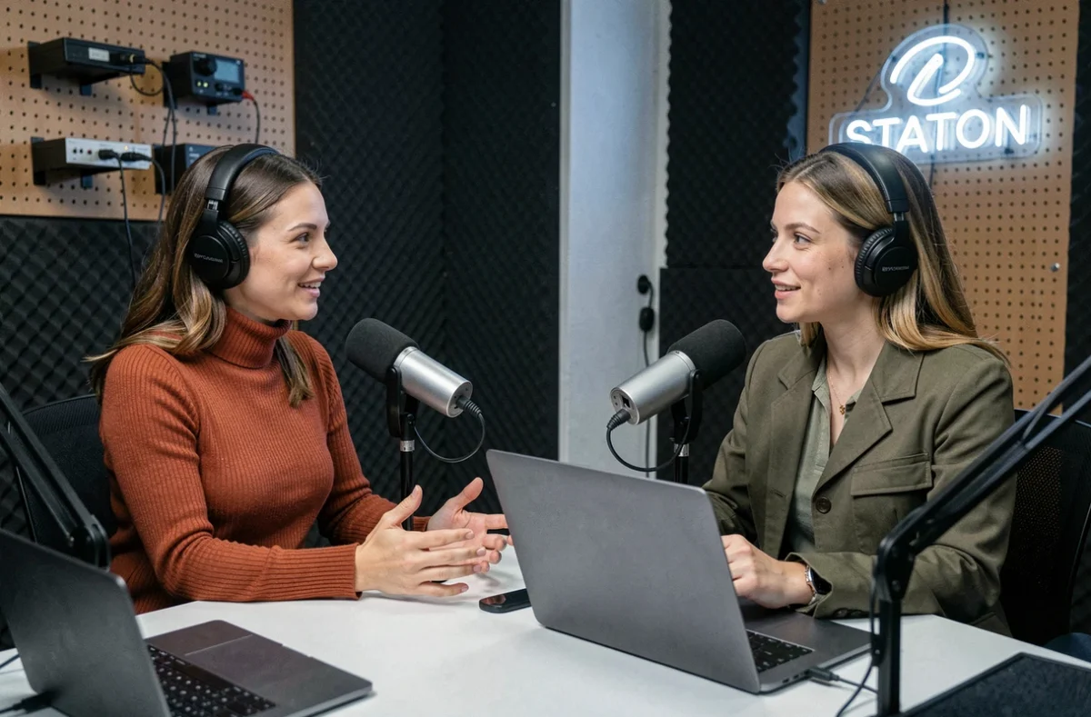 Deux journalistes enregistrant un podcast sur les actualités et tendances du monde des médias en studio