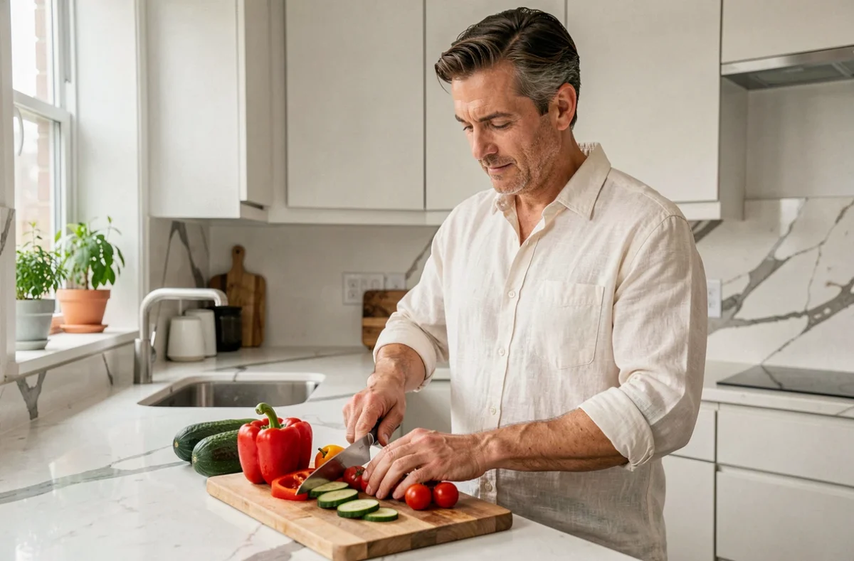 Homme d'âge moyen préparant un repas sain avec des légumes frais dans une cuisine moderne, alimentation équilibrée pour améliorer la santé quotidienne