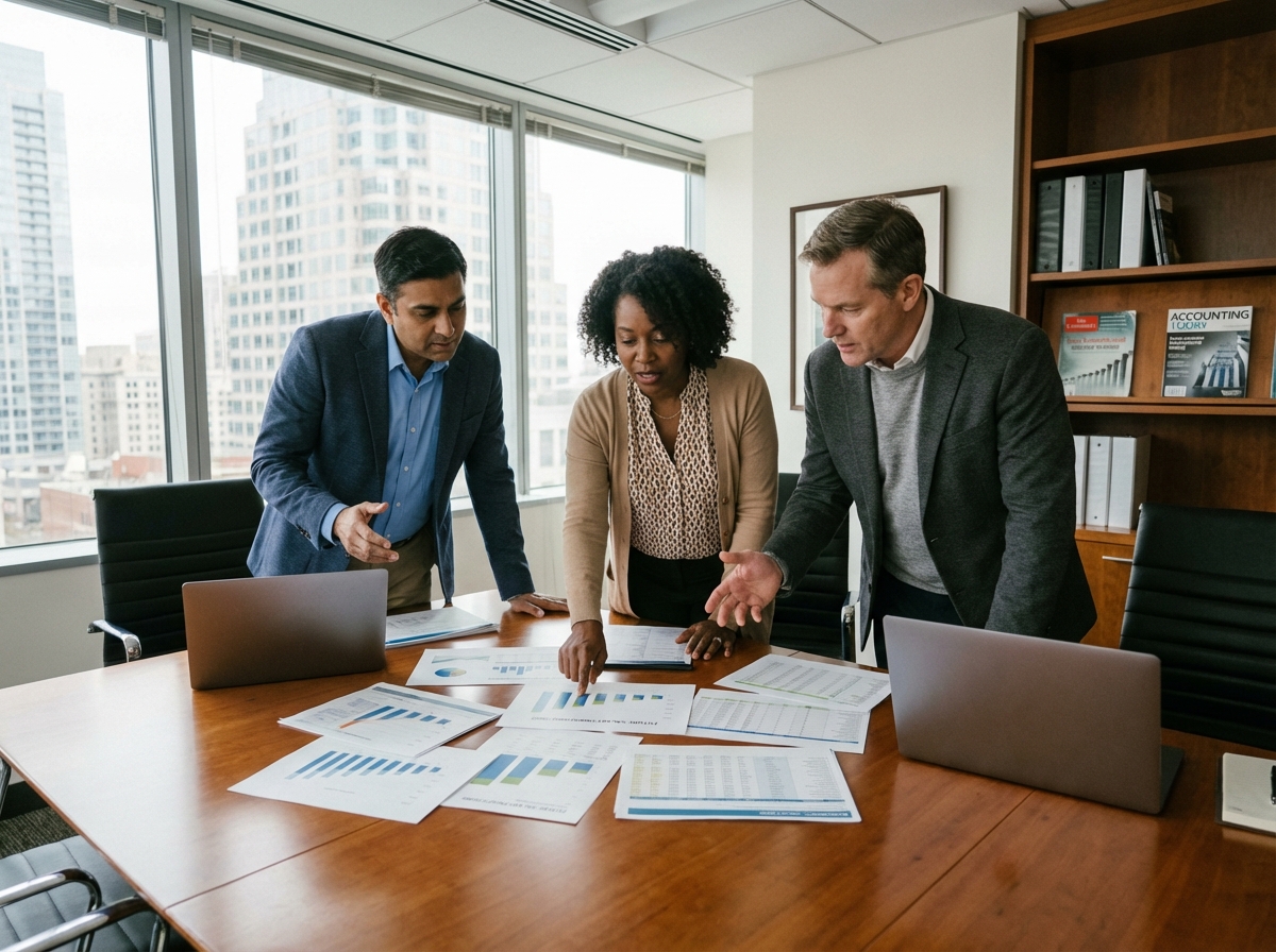 Groupe de trois comptables discutant de salaires en réunion