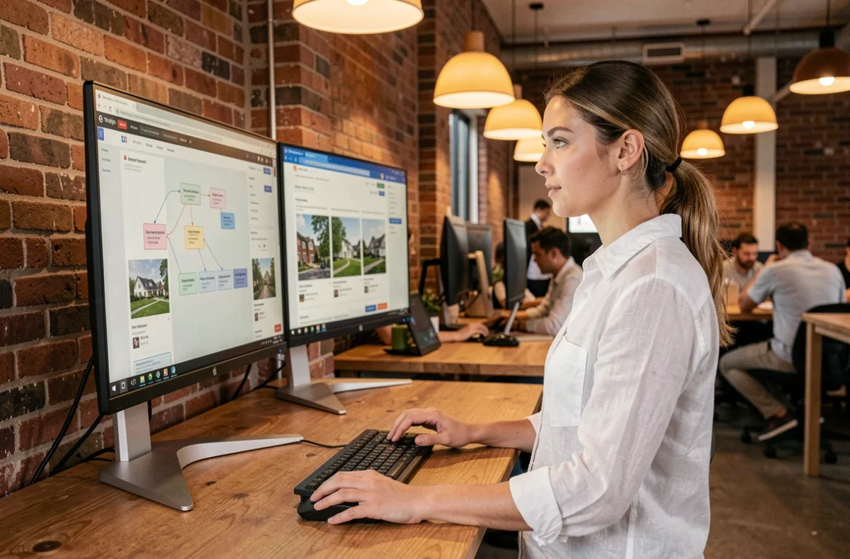 Jeune femme dans un espace de coworking analysant la structure sitemap d'un site immobilier sur double écran