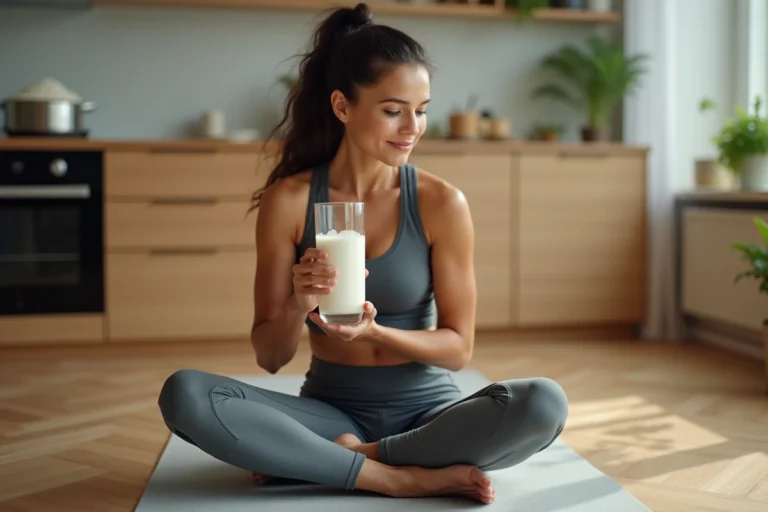 Sportive tenant un verre d'eau de riz dans une cuisine moderne après l'entraînement