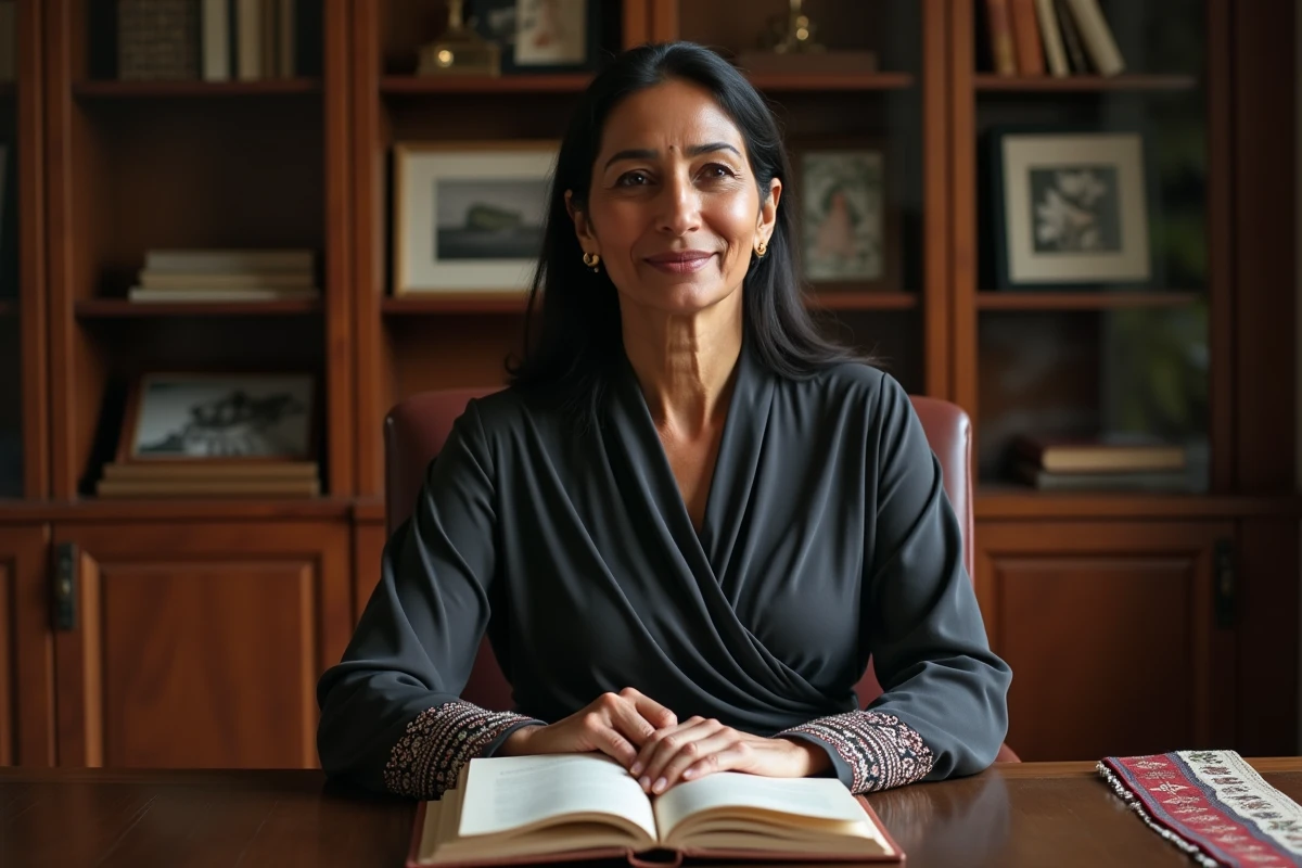 Femme sud-asiatique dans un bureau élégant entouré de livres, illustrant la vie privée et le parcours intellectuel de Sunetra Sastry