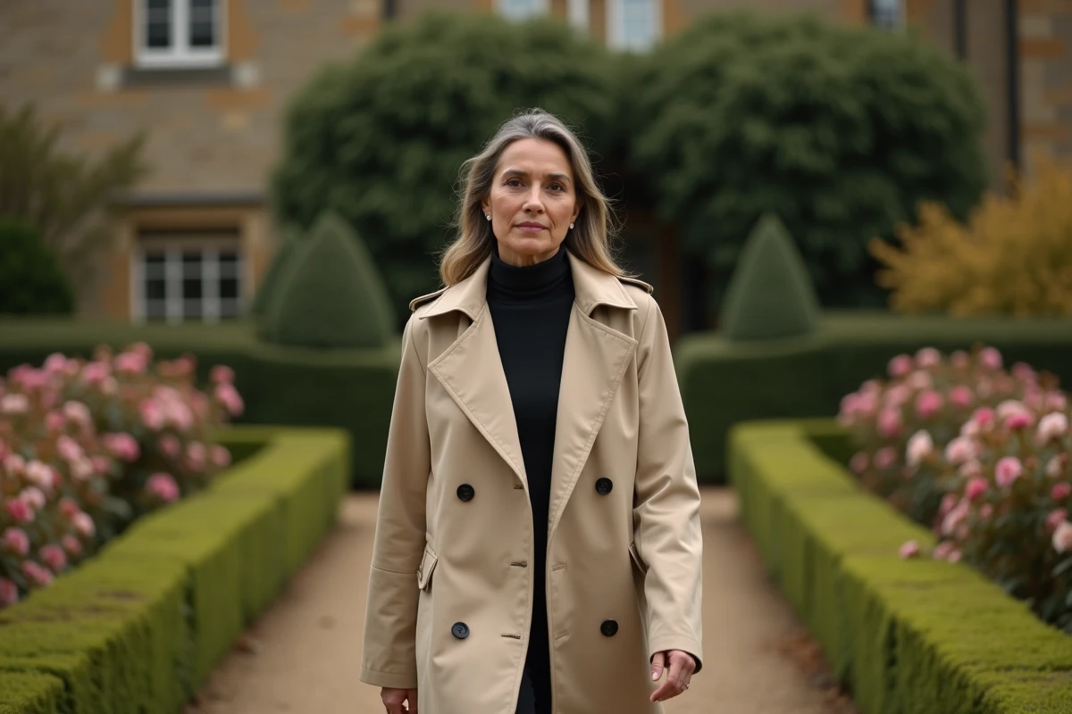 Femme élégante en manteau beige se promenant dans un jardin anglais, symbolisant la vie discrète et le parcours personnel de Sunetra Sastry