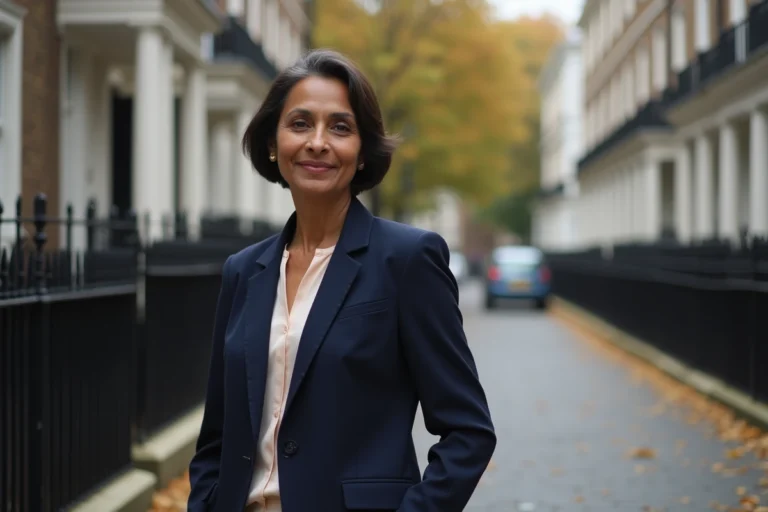 Femme d'origine sud-asiatique élégamment vêtue posant dans une rue londonienne historique, évoquant le parcours de Sunetra Sastry ex-épouse de Rowan Atkinson