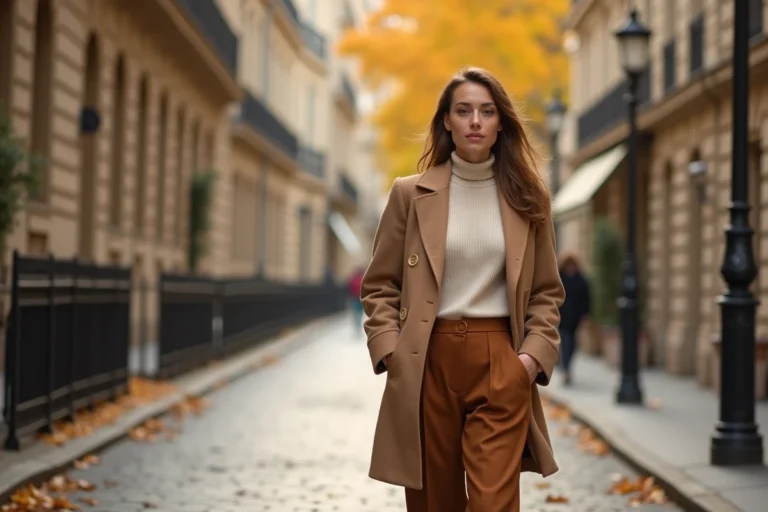Femme élégante portant un manteau camel et un pantalon large dans une rue pavée parisienne en automne, tendances mode saison