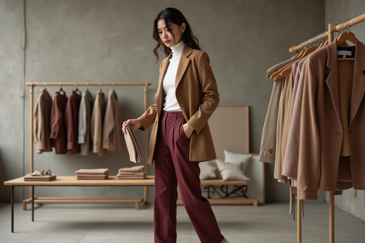 Jeune femme élégante en blazer camel oversize et pantalon bordeaux tendance dans une boutique de mode minimaliste