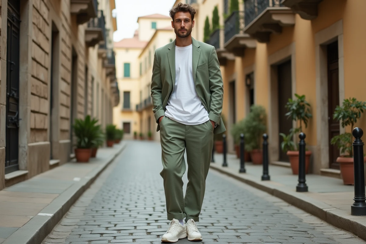 Homme stylé en costume lin vert sauge et sneakers blancs dans une rue pavée de ville européenne