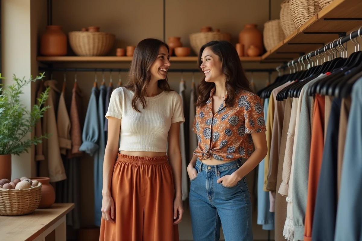 Deux femmes tendance explorant des vêtements dans une boutique de mode indépendante aux tons chauds, tendances saisonnières