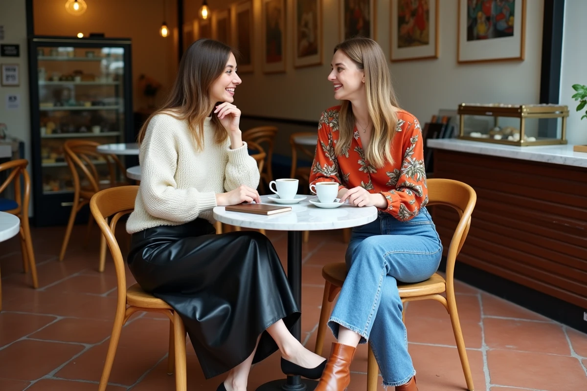 Deux femmes tendance assises dans un café parisien élégant arborant des styles mode contrastés et complémentaires