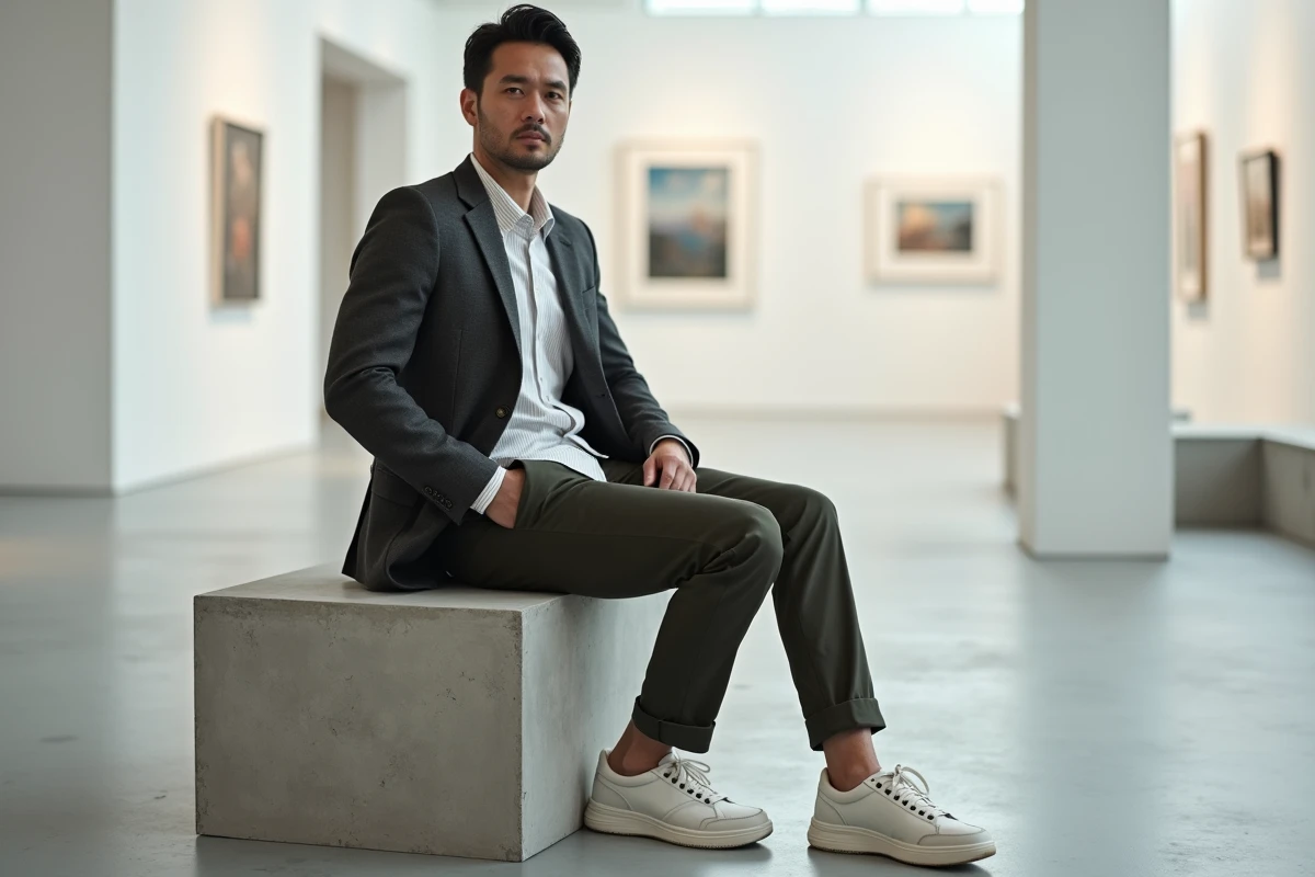 Homme en blazer oversize charbon et sneakers dans une galerie d'art contemporaine, style mode masculin tendance
