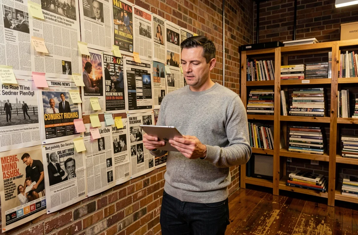 Professionnel des médias analysant une veille presse et tendances éditoriales sur un mur de coupures de journaux