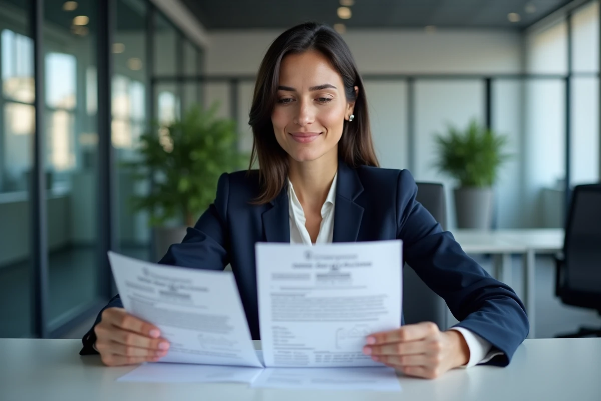 Femme vérifiant l'authenticité de documents médicaux d'un praticien étranger dans un bureau administratif en France