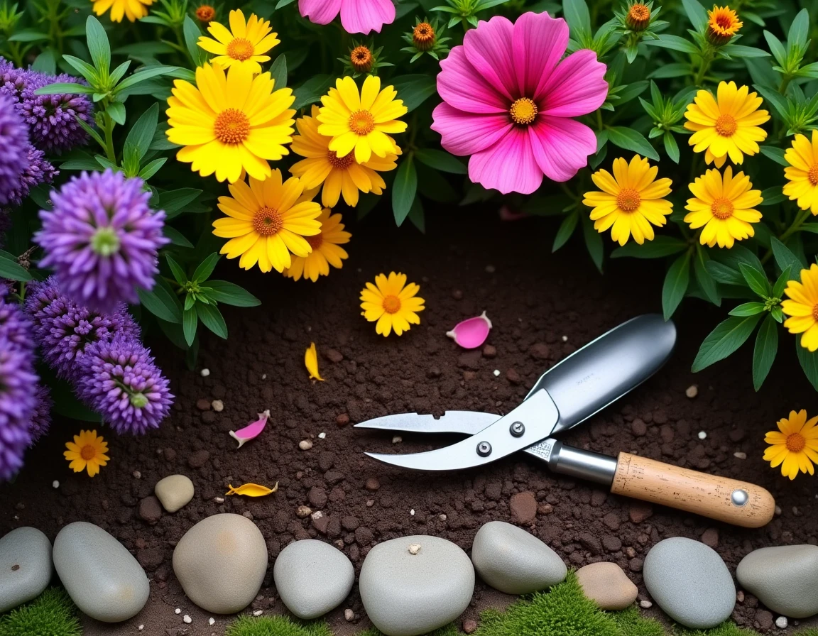Vue aérienne d'un parterre de fleurs en pleine floraison avec outils de jardinage en acier inoxydable sur sol de jardin sombre et riche